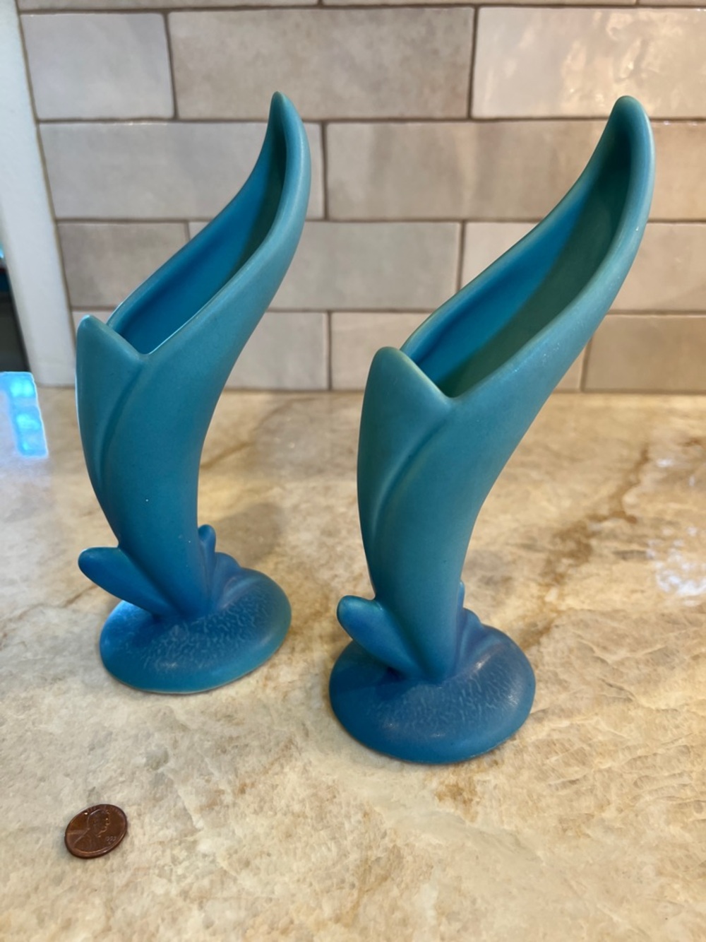 Van Briggle Ming Blue TurquoiseTeal Ceramic Bud Vase Pair - Elegant Home Accents